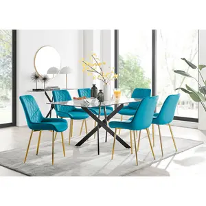 Lenworth Glass Rectangular Dining Table Set with 6 Luxury Velvet Chairs Black / Blue/Gold