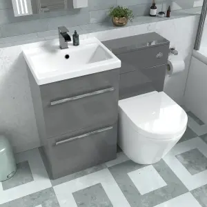 Nes Home Steel Grey Drawers Basin Cabinet, WC Unit & Rimless Back To Wall Toilet