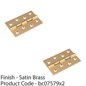 2 PACK - PAIR Double Steel Washered Brass Butt Hinge 76 x 50mm Satin Brass Door Fixing