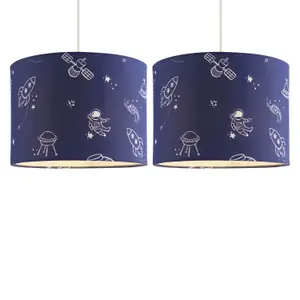 First Choice Lighting Set of 2 Space 25cm Space Print Navy Blue Pendant Shades