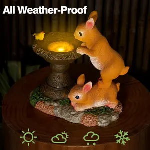 Solar Rabbit Bird Bath Garden Ornaments Outdoor Lights Statue Waterproof Decor