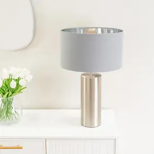 ValueLights Lexy Brushed Chrome Touch Table Lamp with Grey/Chrome Shade