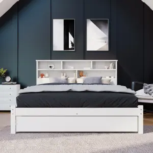 Bed with Shelves, White Wooden Storage Bed, Underbed Drawer - 4ft6 Double (135 x 190 cm)