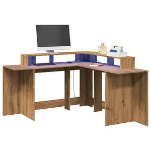 Berkfield Desk with LED Lights Artisian Oak 152x152x91 cm Engineered Wood