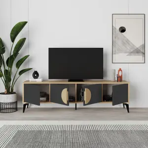 Decortie Gora Modern TV Unit Oak, Silky Grey Black 180(W)cm with 4 Doors Storage TV Cabinet Entertainment Metal Legs