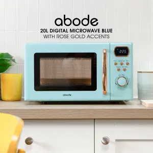 Abode Retro Blue Microwave 20L 700W Digital 8 Auto Cook Rose Gold with Defrost Setting AMD2004GRG