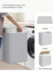 SONGMICS Laundry Hamper Basket With 3 Sections, Clip-On Lid And Handles, 150L Foldable, For Laundry Room, Bedroom, Bathroom, Grey