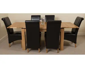 Richmond 140cm - 220cm Oak Extending Dining Table and 6 Chairs Dining Set with Montana Black Leather Chairs