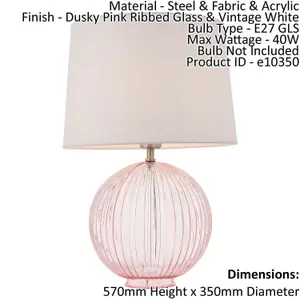 Table Lamp Dusky Pink Ribbed Glass & Vintage White Linen 40W E27 GLS