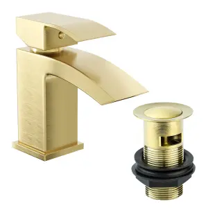 Brushed Brass Lucia Waterfall Basin Tap Mono Mixer Solid Brass & Waste