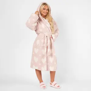 Heart Dressing Gown Soft Teddy Marl Fleece Hooded Ladies Long Warm Robe Womens