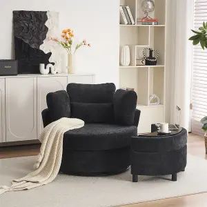 Chenille Swivel Armchair with 3 Back Cushion Pillow Ottoman Crescent Stool, Black 