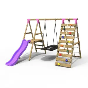 Rebo Wooden Swing Set with Deck and Slide plus Up and Over Climbing Wall - Onyx Pink