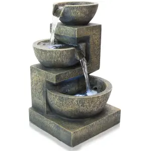 Primrose Kendall Stone Effect 3-Tier Cascading Garden Fountain Water Feature with LED Lights H48cm