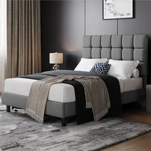 Size Modern Upholstered Bed Frame with Square Tufted Headboard Light Grey / Double (4'6)