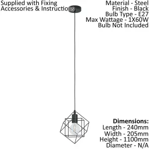 Hanging Ceiling Pendant Light Black Steel Cube Frame 1x E27 Geometric Lamp