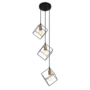 Luminosa Modern Hanging Pendant Black, Gold 3 Light  with Black Shade, E27 Dimmable