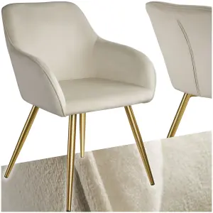 Chair Marilyn - with armrests, padded, velvet look, golden steel legs - cream/gold