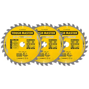 TOUGH MASTER Circular Saw Blade 165mm Pack of 3 Professional TCT Mitre Saw Circular Saw Blade 165 x 20 x 28T