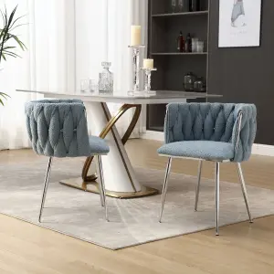 Pair of Modern Hand Weaving Dining Chairs Upholstered Side Chairs Kitchen Chairs with Armrest for Dining Room Blue