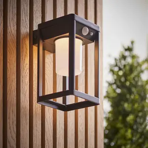 Modern Solar Powered Wall Light with PIR & Photocell - Textured Black Finish