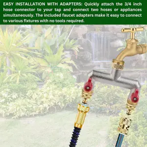 Brass 2-Way Garden Hose Tap Splitter with 2 Faucet Adapters and  PTFE Tape Durable three-quartz Outdoor Tap Connector with Valves