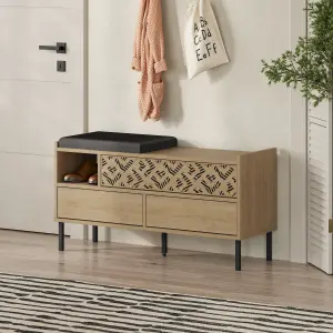 Decortie Heaton Shoe Bench Oak w/ Fabric Cushion Seat 3-door Storage Cabinet 111(W)x37(D)x56.5(H)cm Metal Legs Hallway