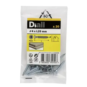 Diall Double-countersunk Zinc-plated Carbon steel Screw (Dia)4mm (L)25mm, Pack of 20