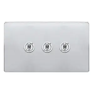 Polished Chrome Screwless Plate 3 Gang 2 Way 10AX Toggle Light Switch - SE Home