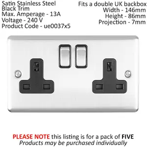 5 PACK 2 Gang Double UK Plug Socket SATIN STEEL & Black 13A Switched Outlet