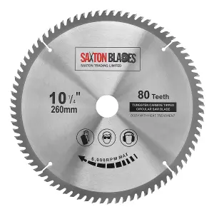 Saxton TCT26080T TCT Circular Saw Blade 260mm x 80T x 30mm Bore + 16, 20 and 25mm Reduction Rings