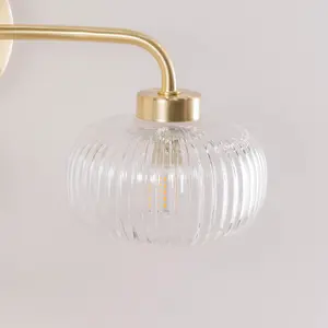 ValueLights Amaia Gold 2 Way Wall Light Ribbed Glass Shades IP44