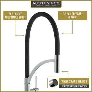 Austen & Co. Madrid Brushed Chrome With Black Pullout Spray Hose Kitchen Mixer Tap. Single Lever Handle & 360 Degree Spout