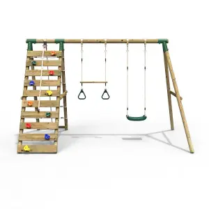 Rebo Wooden Swing Set with Up and Over Climbing Wall - Savannah Green