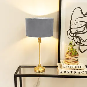 ValueLights Maggie Gold Metal Candlestick Slim Table Lamp with Grey Velvet Drum Lamp Shade and LED Bulb