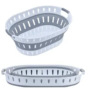 Grey & White Plastic Laundry Basket Oval Shape Foldable Laundry Hamper - 36L