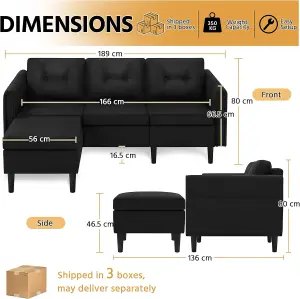 Fabric Sectional Sofa with Ottoman L-shaped Sofa Couch Reversible 3-Seater Chaise Lounge Living Room Home Office Polyester Fabric