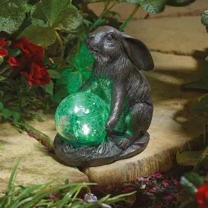 Solar Powered LED Hare Garden Ornament - Hand Painted Polyresin Sculpture with Light Up Crackle Ball - H18.5 x W16.5 x D10.5cm