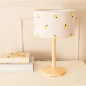 ValueLights Triston Natural Light Wood Stem Table Lamp with Lemon Embroidered Lamp Shade and LED Bulb