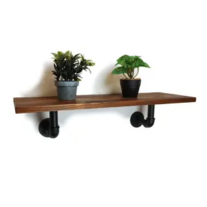 Solid Pine Rustical Shelf Dark Oak Black Industrial Pipe Bracket 20x110cm