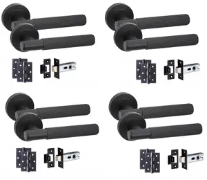 4 Set Knurled T-Bar Door Handles with Latch and Hinges Matt Black Finish