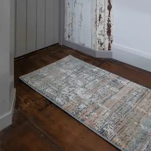 Beige Blue Hallway Runner Rug with Distressed Finish 60x240cm