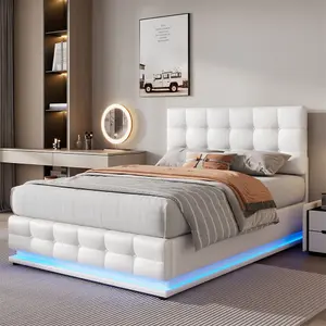 Ottoman Lift Storage Bed with LED Lighting, PU Faux Leather Upholstered 4ft6 Double Size Bed Frame(Without Mattress, White)