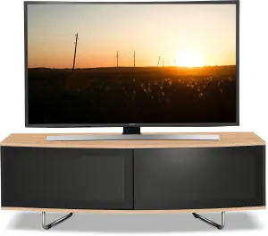 Homeology Caru Gloss Black and Oak Beam-Thru Remote Friendly Super-Contemporary "D" Shape Design up to 65" LED/OLED/LCD TV Cabinet