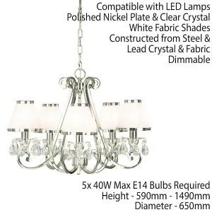 Esher Ceiling Pendant Chandelier Nickel Crystal & White Shades 5 Lamp Light