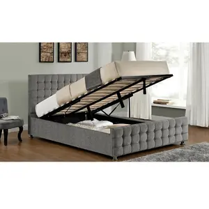 Furniture Stop - Baratheon Ottoman Bed With Cubed Headboard Design Silver Chenille -4ft6 Double