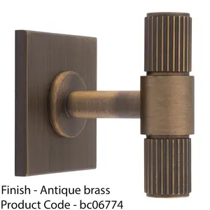 Reeded T Bar Cabinet Door Knob & Matching Backplate - Antique Brass 40 x 40mm