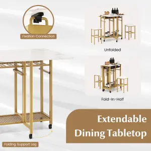 Costway Set of 3 Dining Table Set Extendable Kitchen Table 2 Stools w/ Wine Rack