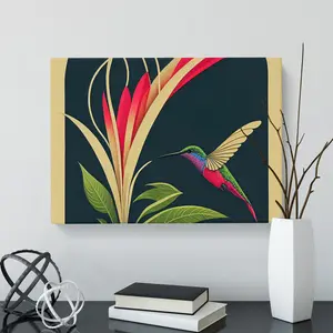 XXX-H1022-WF-4777X Hummingbird Art Deco Style Abstract - Wrapped Canvas Print 40cm H x 60cm W x 3cm D