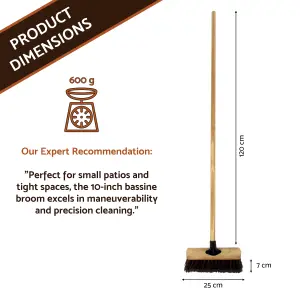 10-Inch Bassine Broom - Heavy-Duty Outdoor Sweeper with Wooden Handle - Perfect for Small Patios, Decks, and Gardens - Durable